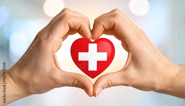 Obraz Hands forming a heart with Red Cross logo in the center
