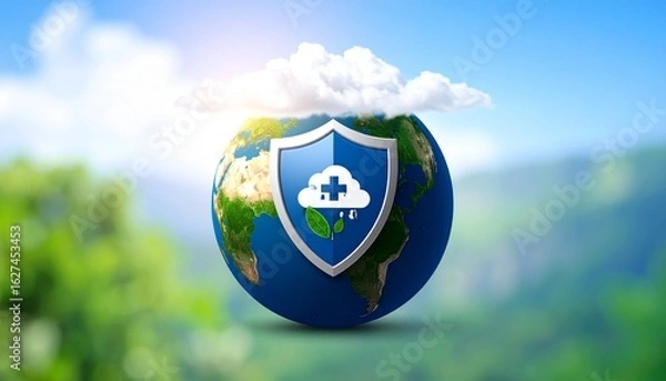 Obraz Illustration of Earth protected by ozone layer shield, eco concep