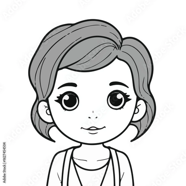 Fototapeta Young girl with short gray hair in casual attire, smiling and looking directly at the viewer. Cute cartoon character illustration in a blank white background.