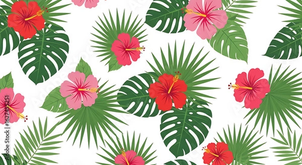 Obraz Vibrant tropical pattern with red and pink hibiscus flowers monstera and palm leaves.