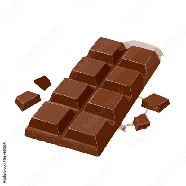 Fototapeta Delicious milk chocolate bar with several broken pieces, showcasing a tasty treat for dessert lovers and sweet cravings in a vector style illustration