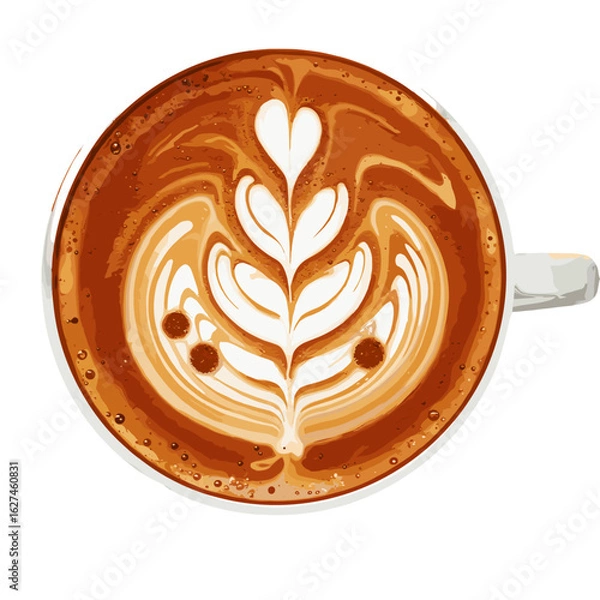 Fototapeta Top view of a meticulously crafted latte art showcasing a delicate flower pattern in a creamy coffee drink with rich brown hues and a smooth, inviting texture