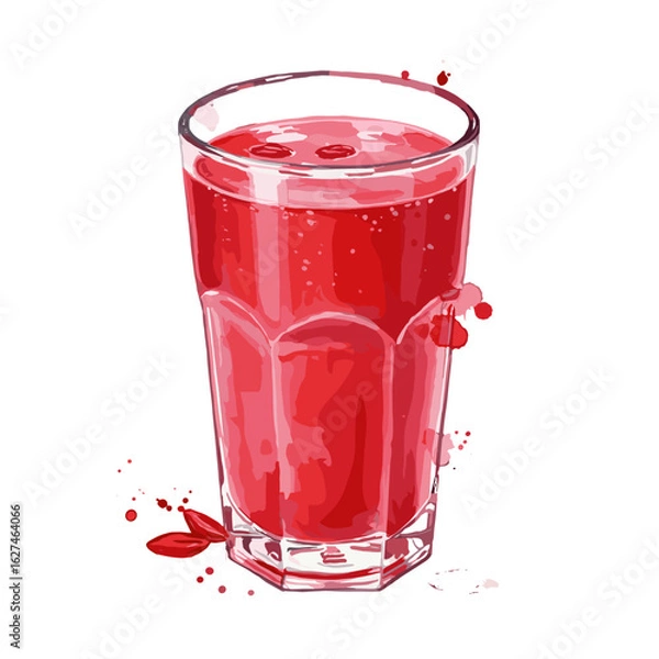 Fototapeta Illustration of a refreshing red beverage in a faceted glass with watercolor style, complete with droplets and goji berries for a vibrant touch and visual appeal.