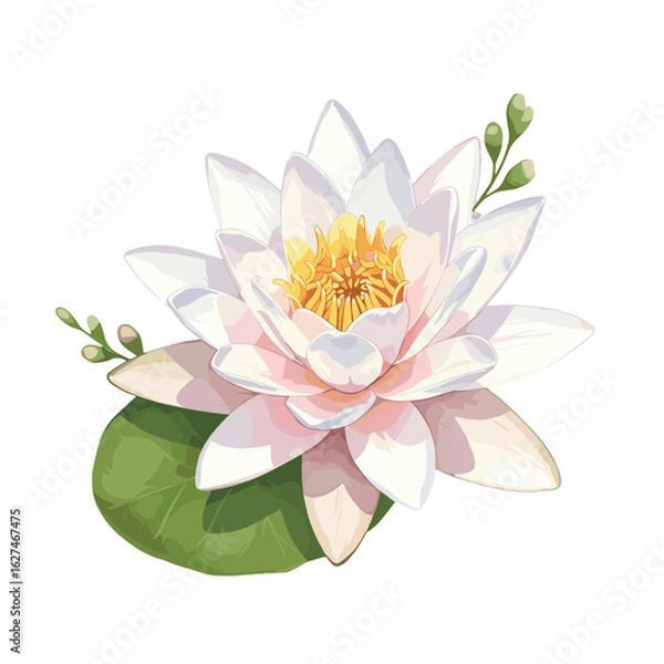 Fototapeta Elegant water lily illustration with delicate petals and a vibrant yellow center, complemented by lush green leaves and buds on a white background