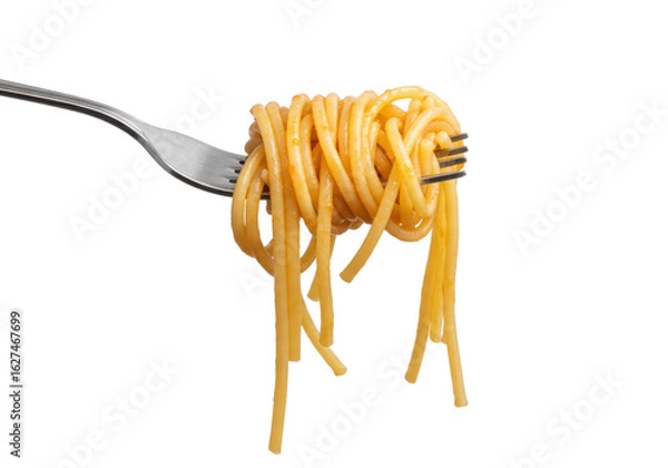 Fototapeta A close-up of a fork holding a twirled portion of spaghetti against a plain background