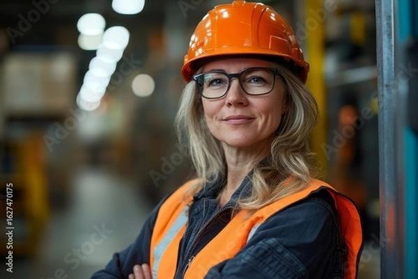 Fototapeta Portrait of a female warehouse worker or supervisor in an industrial setting, managing operations and overseeing logistics in a warehouse environment, Generative AI