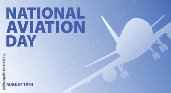 Fototapeta National Aviation Day banner. Vector illustration with aiplane silhouette for placard, web panel, event, social media. Blue minimalist horizontal backdrop, background with plane shape