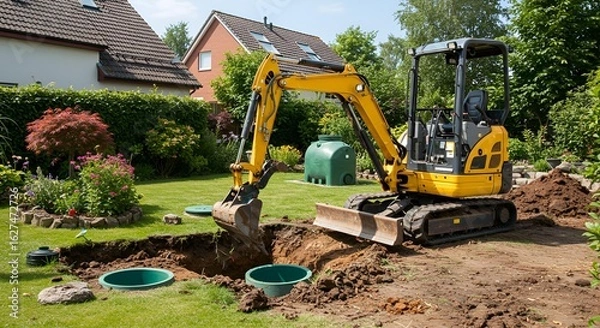 Fototapeta Excavator Digging Septic System in Yard