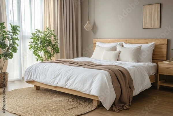 Fototapeta Scandinavian interior design for a modern bedroom, Generative AI