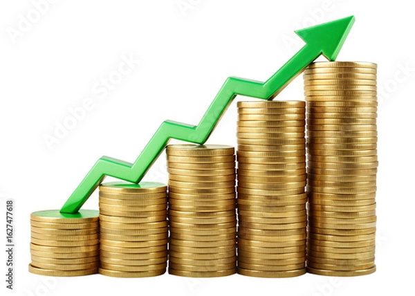 Fototapeta Stack of gold coins with green arrow pointing upwards isolated on transparent background, symbolizing financial growth and investment success