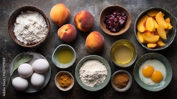 Fototapeta Flat lay of a deconstructed peach pie layout with all ingredients laid separately