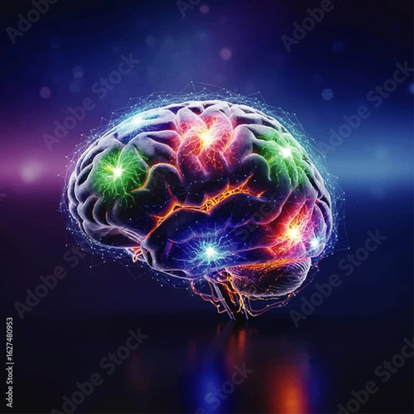 Obraz 3D model of a human brain, highlighted with colorful energy points, set against a dark background.