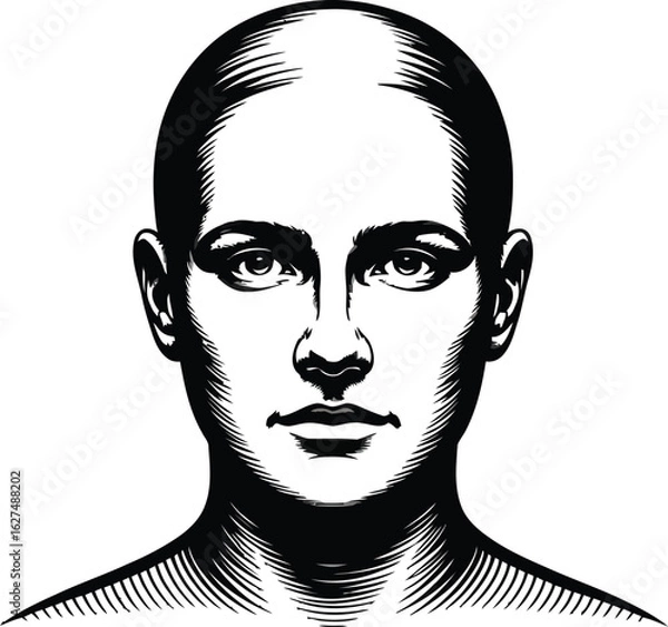Fototapeta Striking black and white portrait showcases a bald head, capturing the essence of minimalist art with detailed linework and a focus on facial features, ideal for artistic projects.