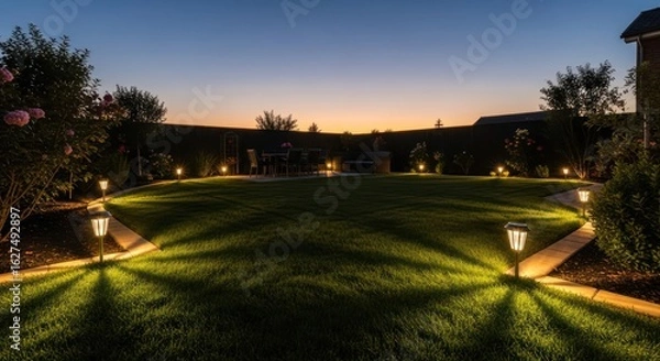 Obraz Eco friendly backyard scene at dusk with solar powered lights illuminating a green lawn and creating a sustainable outdoor environment