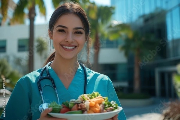 Fototapeta Nurse having a healthy lunch in front of a hospital building, taking a break from work to refuel and recharge, promoting the importance of self-care for healthcare workers, Generative AI