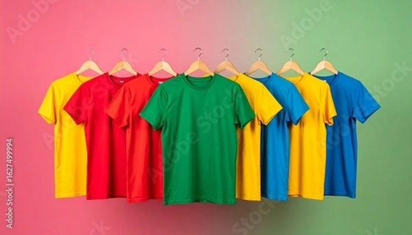 Fototapeta Vibrant collection of assorted colorful t-shirts hanging in a row on wooden hangers against a dual-tone background.