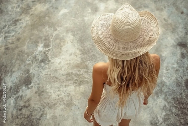 Fototapeta Top view of a blonde girl walking in a summer outfit during vacation, embodying the essence of a beach holiday and outdoor exploration, Generative AI