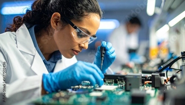 Obraz Female electronics engineer in a lab coat and safety glasses meticulously working on a circuit board, a concept of innovation and technology.