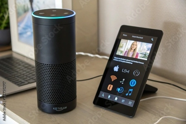 Fototapeta A white device with a screen showing a video of a woman singing