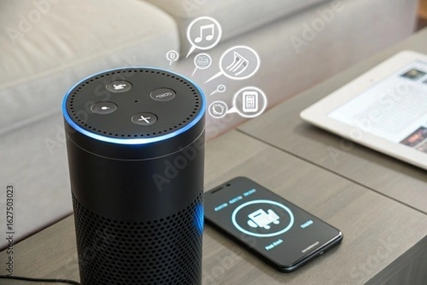 Fototapeta A white device with a screen showing a video of a woman singing