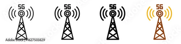 Fototapeta 5G network icon set in modern outline style for telecom dashboards, signal interface, and connectivity apps, featuring multistyle stroke and full color variation set