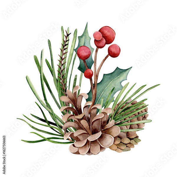 Fototapeta Watercolor illustration. New Year composition for postcards. Cones, fir branches, holly branch and red berries isolated on white background. Merry Christmas.