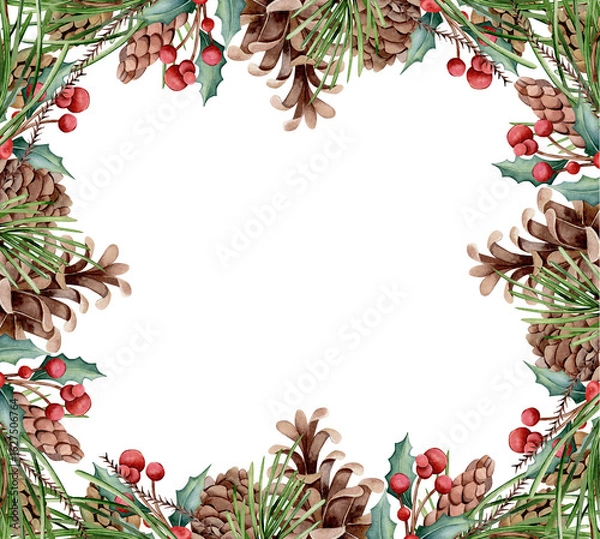 Fototapeta Watercolor rectangular frame. Template for text, congratulations. Hand drawn cones, fir branches, holly branch with berries. Winter, botanical theme.