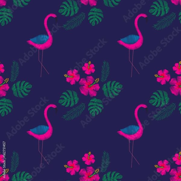 Fototapeta Tropical seamless pattern with  embroidery stitches: flamingo, palm leaves and hibiscus flowers. Vector background.