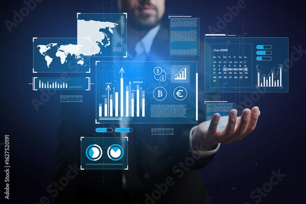 Fototapeta Data visualization technology showcases global market trends in a corporate environment