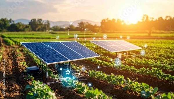 Fototapeta Agrivoltaics combines agriculture and renewable energy to support sustainable and environmentally friendly farming. This image shows innovations in modern agricultural technology, energy efficiency