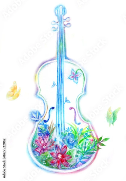 Obraz バイオリンと植物　蝶々　手描き