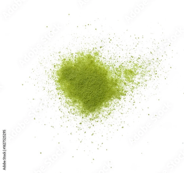 Fototapeta Powdered matcha green tea scattered on transparen png top view copy space