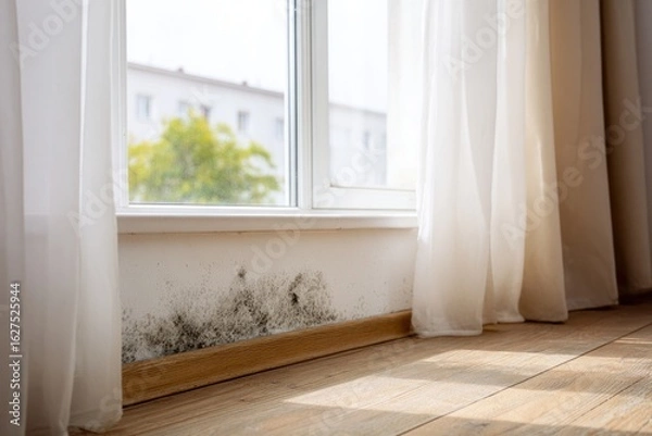 Obraz Dark mold is present along the baseboard near a bright window covered with sheer curtains, revealing signs of moisture in the room