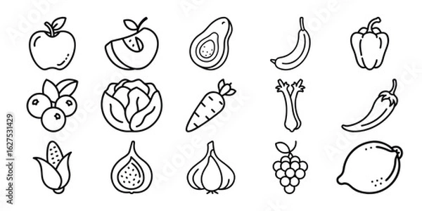 Fototapeta Collection of hand drawn fruit and vegetable icons isolated on white background