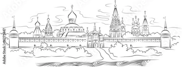 Fototapeta Russian Monastery and river, vector illustration
