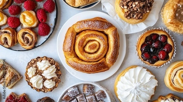 Fototapeta A top-down view of assorted pastries, including cinnamon rolls and tarts.