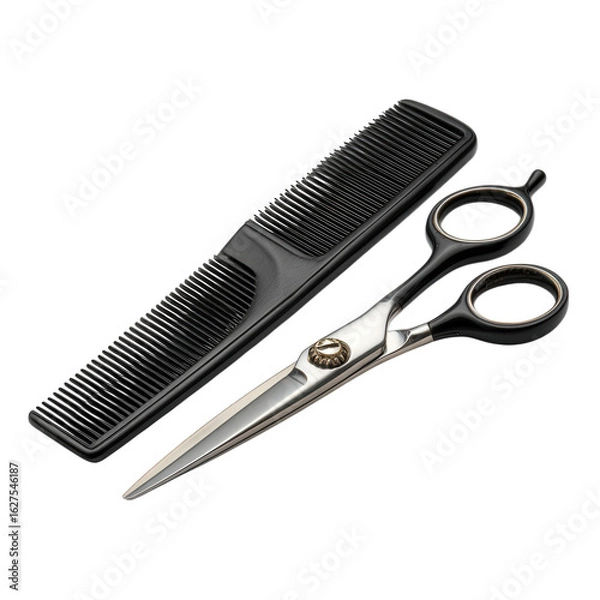 Fototapeta Professional hair cutting shears and comb set for barbers and stylists isolated on transparent background