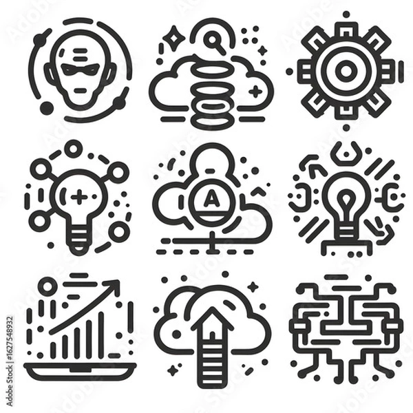 Fototapeta Modern flat line icon set for artificial intelligence, digital security, surveillance, and online identification concepts.