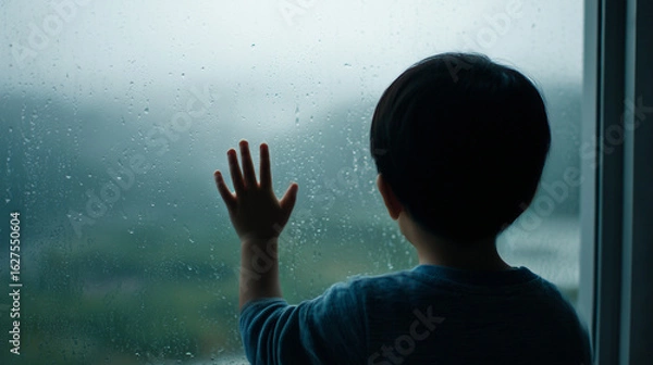 Obraz 雨の窓に手を当て外を見つめる幼い男の子