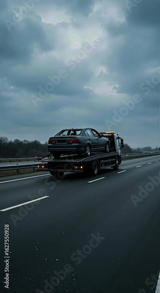Fototapeta Tow truck carrying a damaged car on a highway under an overcast sky. Vehicle recovery and roadside assistance concept.