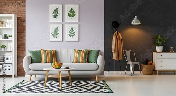 Fototapeta Modern living room with grey sofa green and gold pillows and botanical art
