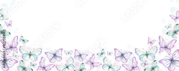 Fototapeta Butterfly background watercolor horizontal. Perfect for DIY projects, cards, invitations, posters, scrapbooking, branding, packaging. Butterflies for both digital and print use.