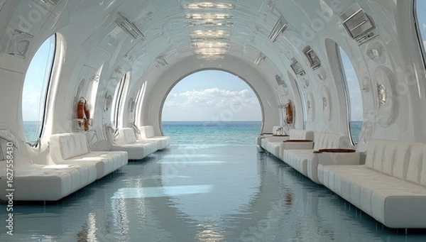 Obraz Futuristic, white interior space, ocean view