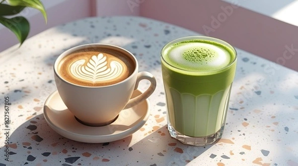 Fototapeta Elegant terrazzo table with creamy cappuccino and layered iced matcha, soft light and artistic drink styling, perfect minimalist food image for health, design, branding and lifestyle

