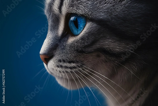 Fototapeta Close-Up Portrait of Beautiful Cat with Striking Blue Eyes and Intense Gaze on Soft Backdrop