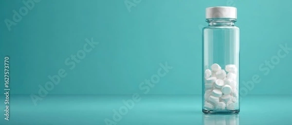 Fototapeta The pill bottle filled with white tablets on a turquoise background.