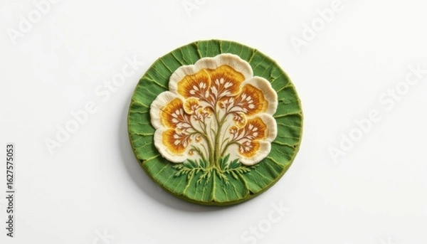 Fototapeta a high resolution, ultra sharp isolated fungus disc coaster made from leaf carbon textile, placed on a pure white background with no shadow or minimal soft shadows only