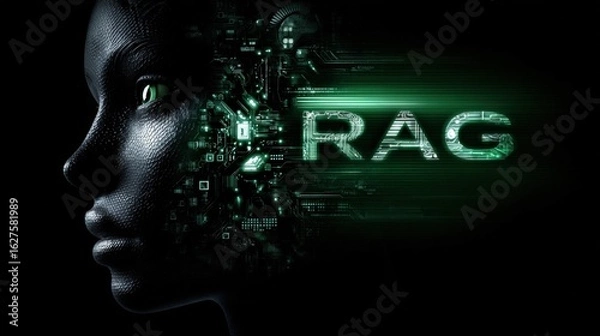 Obraz A robotic interacts with a glowing brain representation, showcasing the fusion of artificial intelligence. RAG (Retrieval Augmented Generation). LLM (Large Language Model)