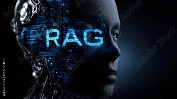 Obraz A robotic hand interacts with a glowing brain representation, showcasing the fusion of artificial intelligence. RAG (Retrieval Augmented Generation). LLM (Large Language Model)