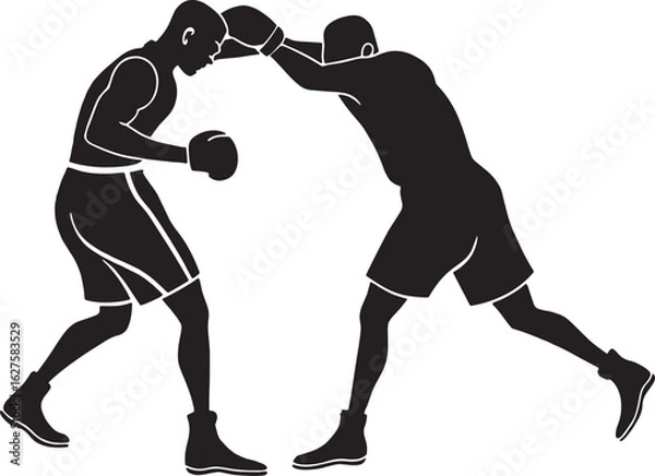 Fototapeta Silhouette of two boxers in action, with one fighter landing a punch on the opponent. Dynamic sports vector perfect for boxing themes and athletic branding.